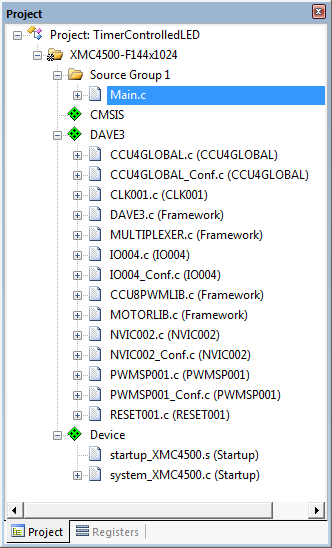 Figure 3 - A screenshot of the µVision IDE from ARM, showing a DAVE3 Pack in the Project Explorer window